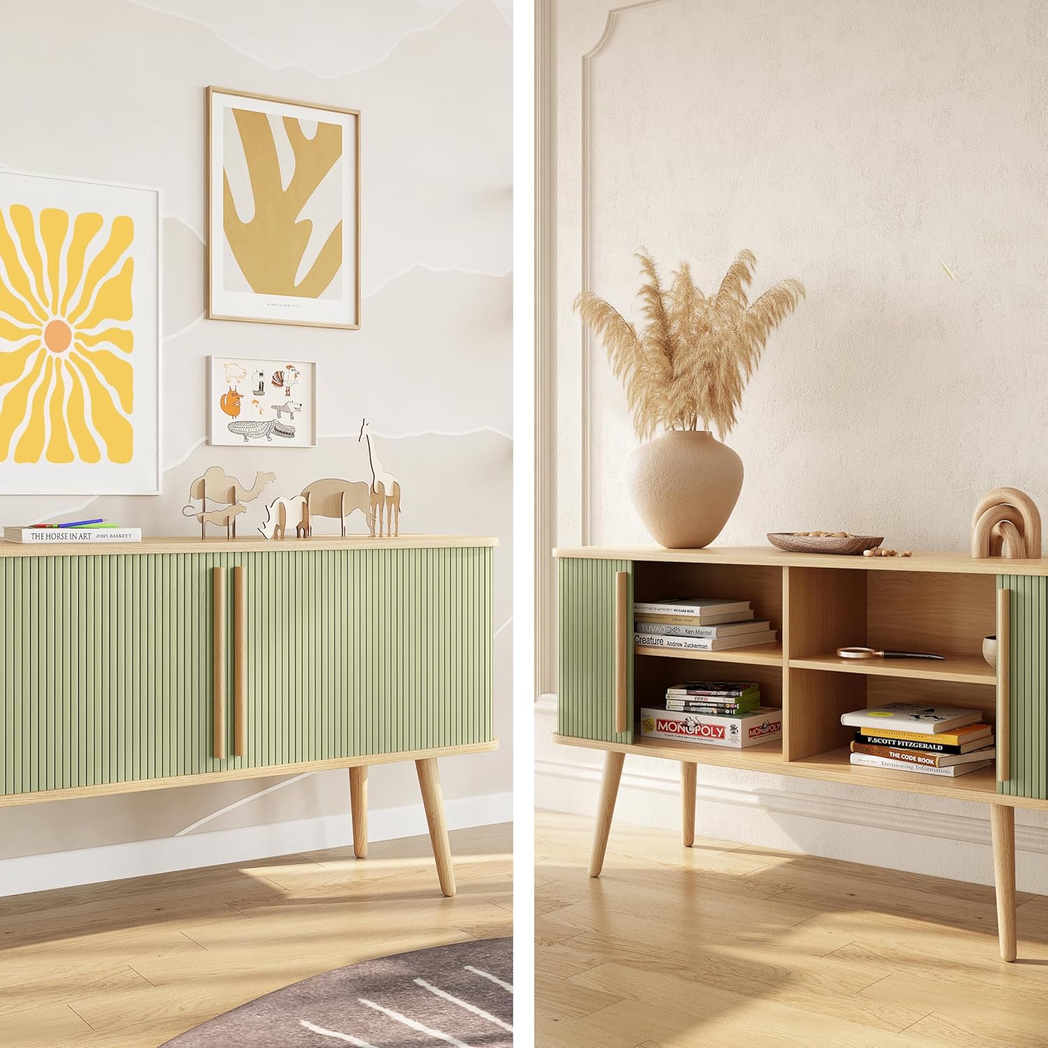 Modern Green Fluted Wooden Sideboard Cabinet with Storage