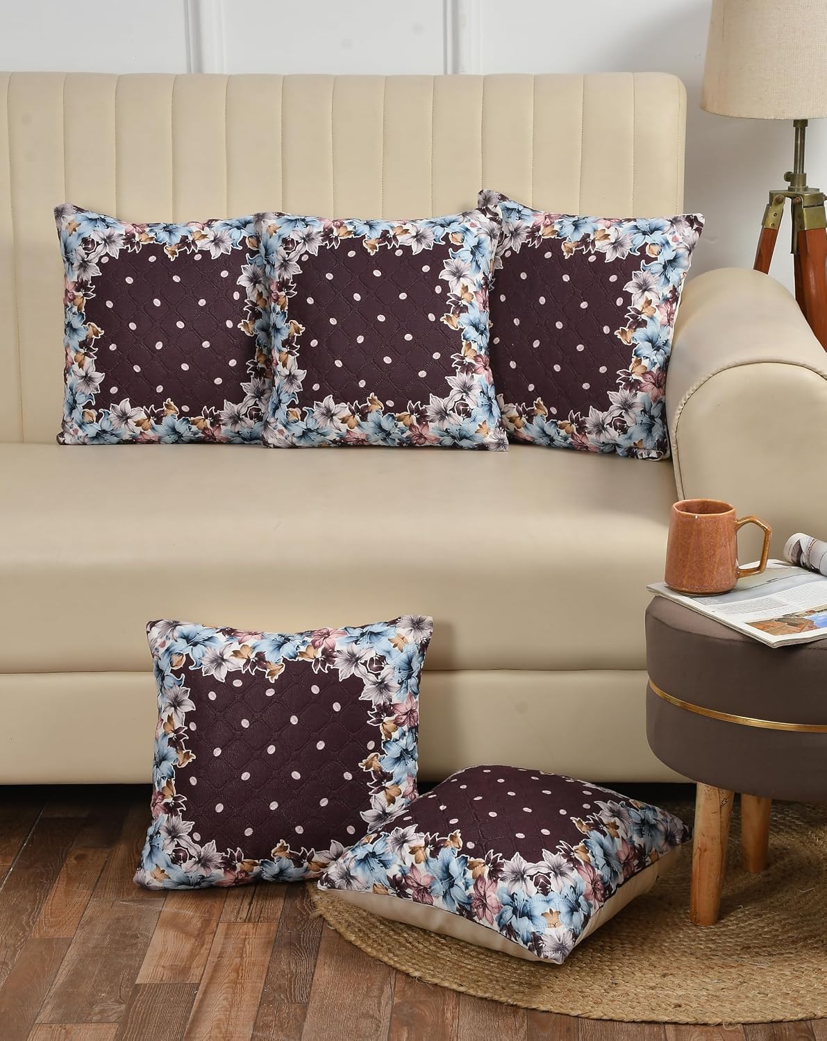 Premium Quilted Holland Velvet Cushion Covers, Coffee Floral, 16 x 16 Inch, Set of 5