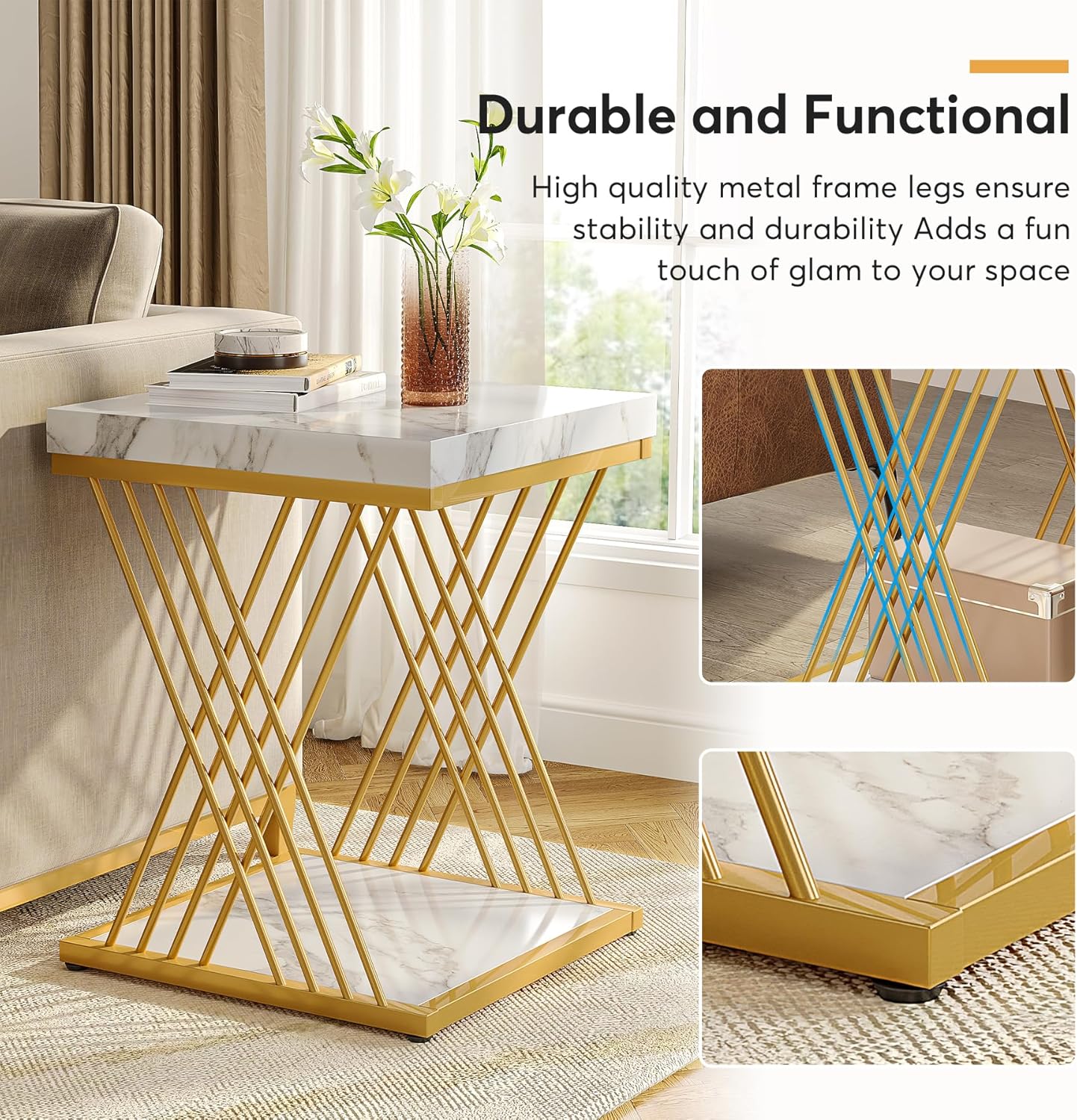 Tribesigns Faux Marble End Table White Gold, 2-Tier Small Side Table with Metal Frame, Bedside Table for Sofa, Couch, Living Room