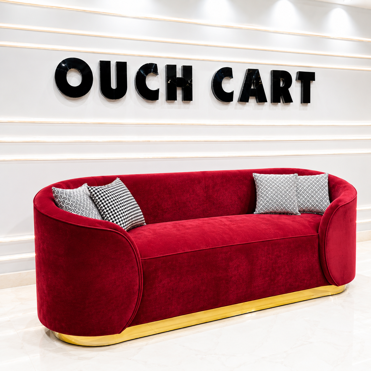 Ouch Cart Luxury Red Velvet Sofa | Modern 3-Seater Curved Sofa with Gold Base