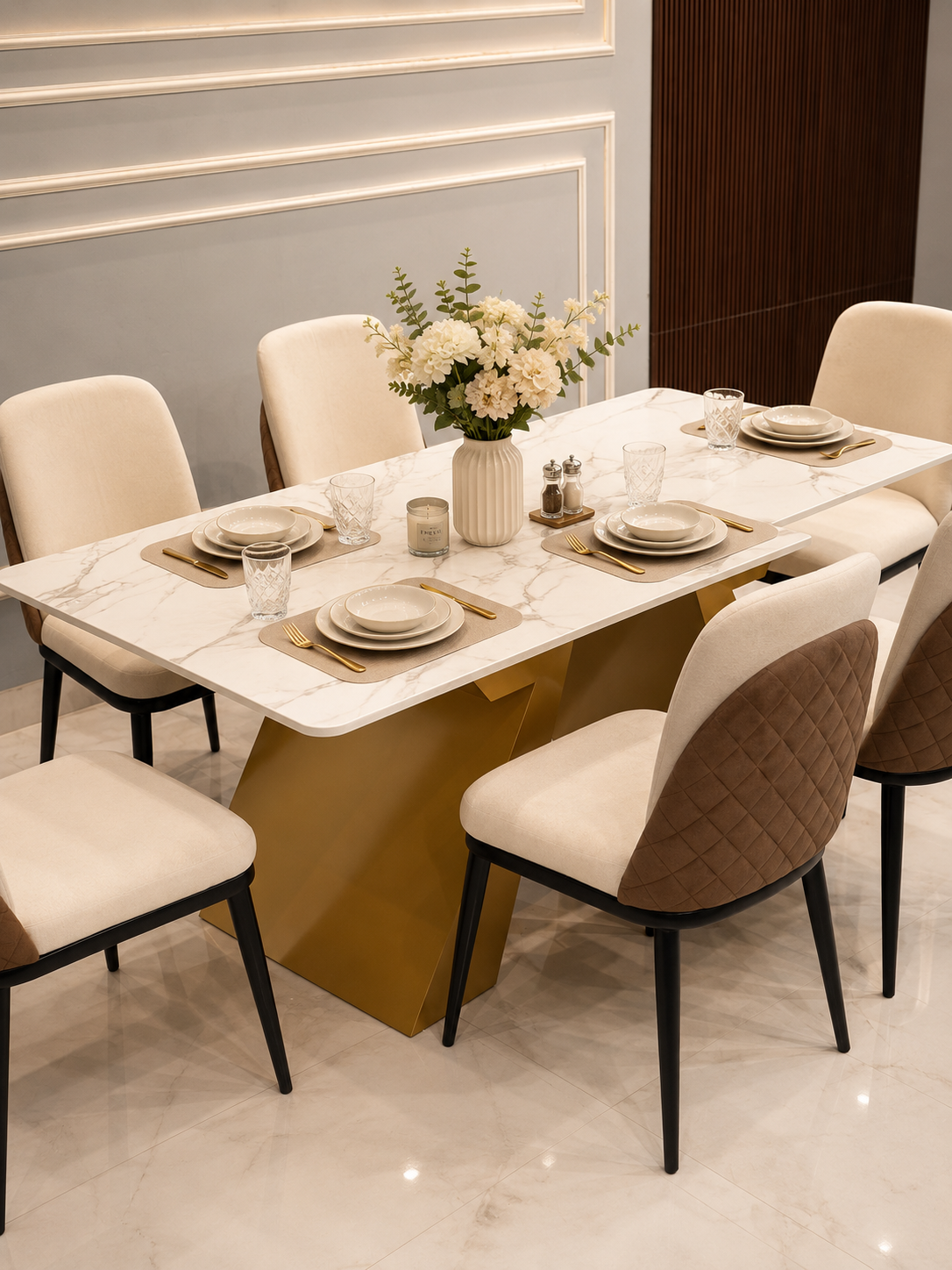 Modern 6 Seater Marble Dining Table Set with Gold Metal Base & Upholstered Chairs | Luxury Dining Room Furniture