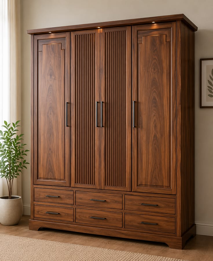 Modern 4 Door Wooden Wardrobe with 6 Storage Drawers | Premium Walnut Finish Bedroom Almirah | Spacious Clothes Storage Cabinet