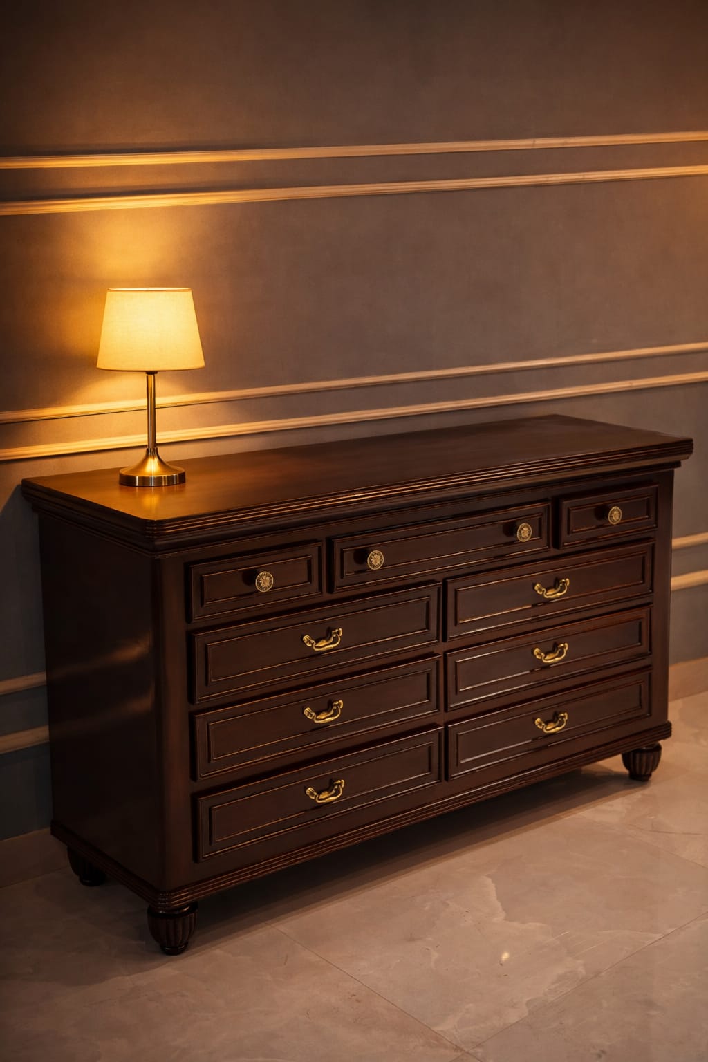 Classic Dark Wood Chest of Drawers with Brass Handles | Elegant Storage Cabinet