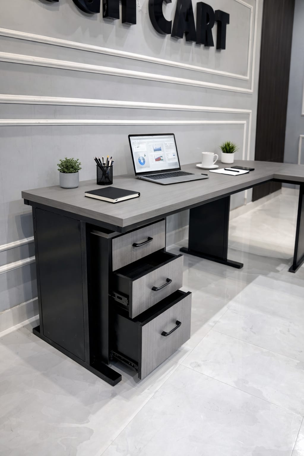 L-Shaped Metal Base Executive Desk