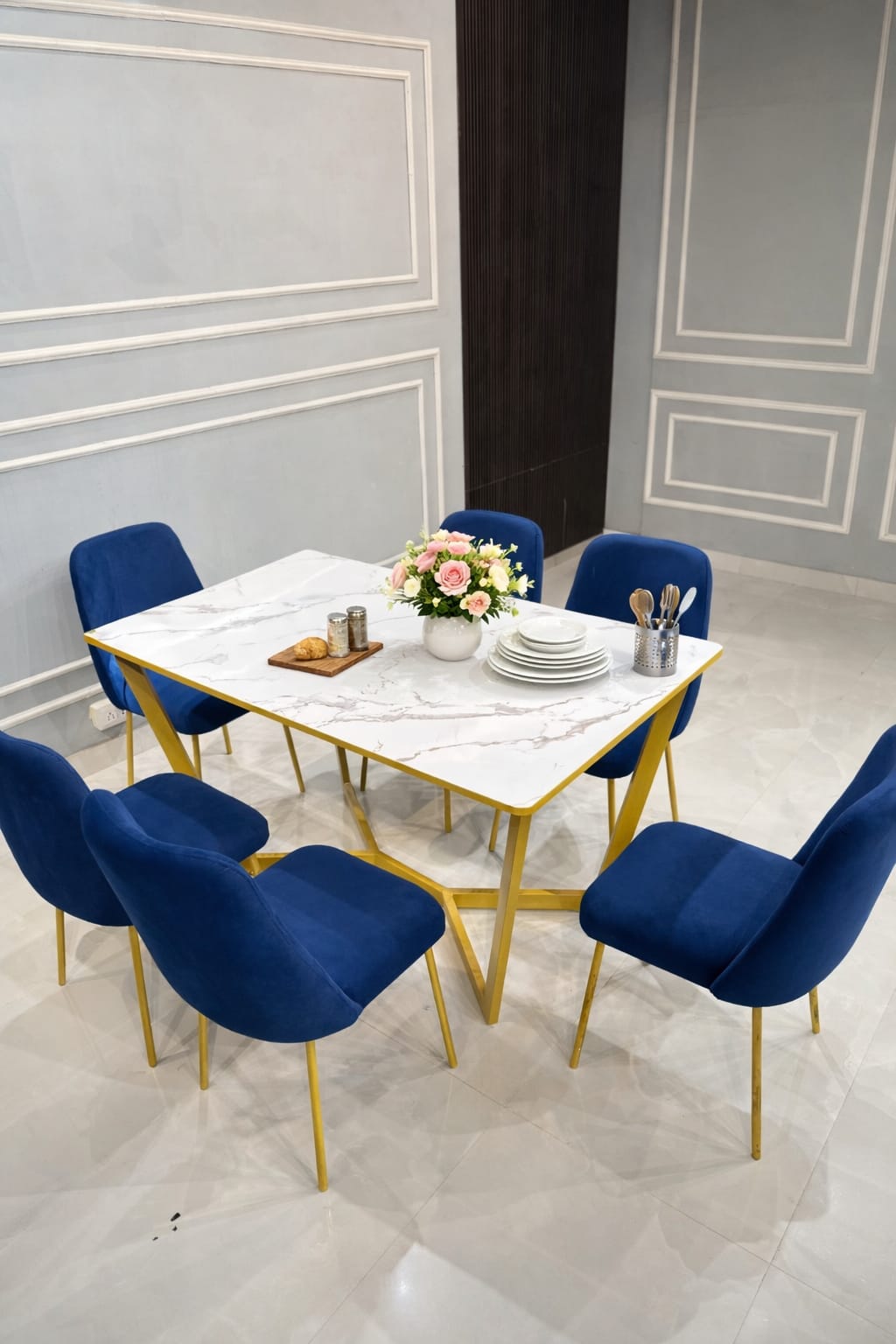 Luxury Marble-Finish Conference Table with Gold Metal Frame | Modern Office & Meeting Room Table Set