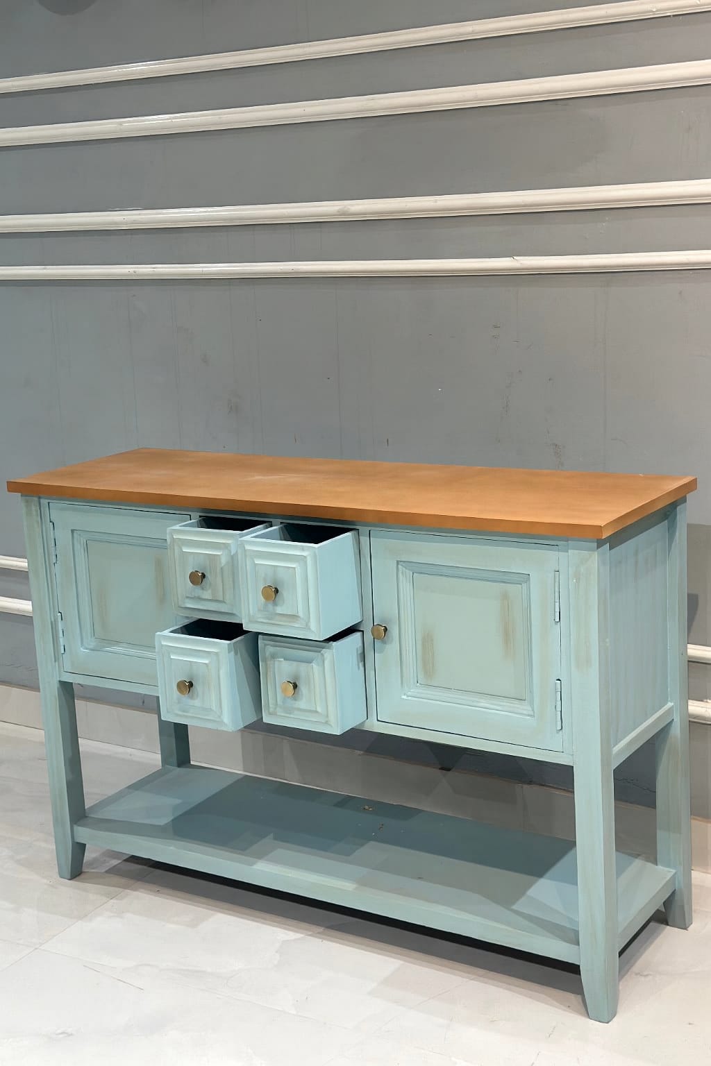 Vintage Teal Wooden Sideboard Cabinet with Natural Wood Top | Storage Console Unit