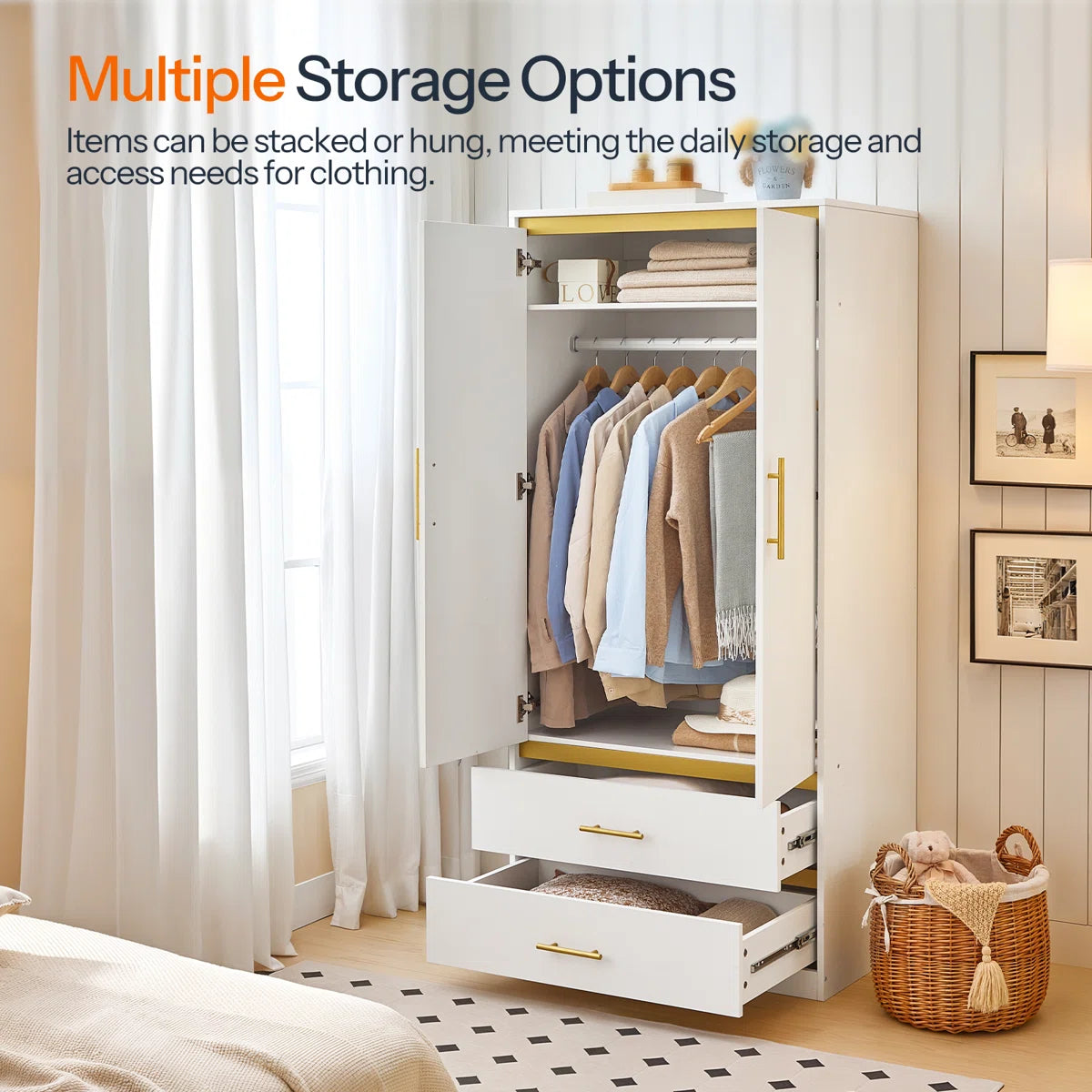 2-Door 66.9'' H Armoire Wardrobe Closet with Hanging Rod and 2 Drawers