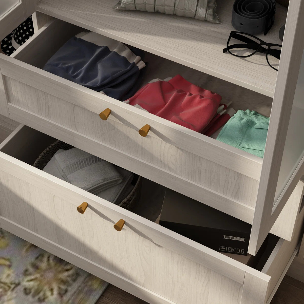 Elegant 4-Door Wardrobe With Frosted Glass Panels, Brass Handles, And Ample Storage Space – Adjustable Shelves And Large Drawers For Modern Organization