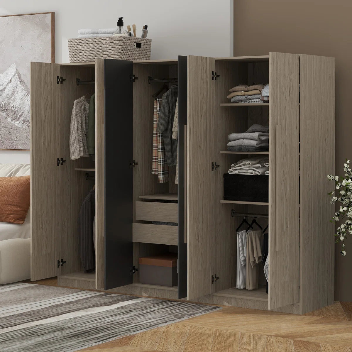 Wooden 6-Door Wardrobe Closet with 4 Drawers, Bedroom Storage Cabinet Armoire with Hanging Rods and Shelves, Clothes Organizer for Home,Black+Nature