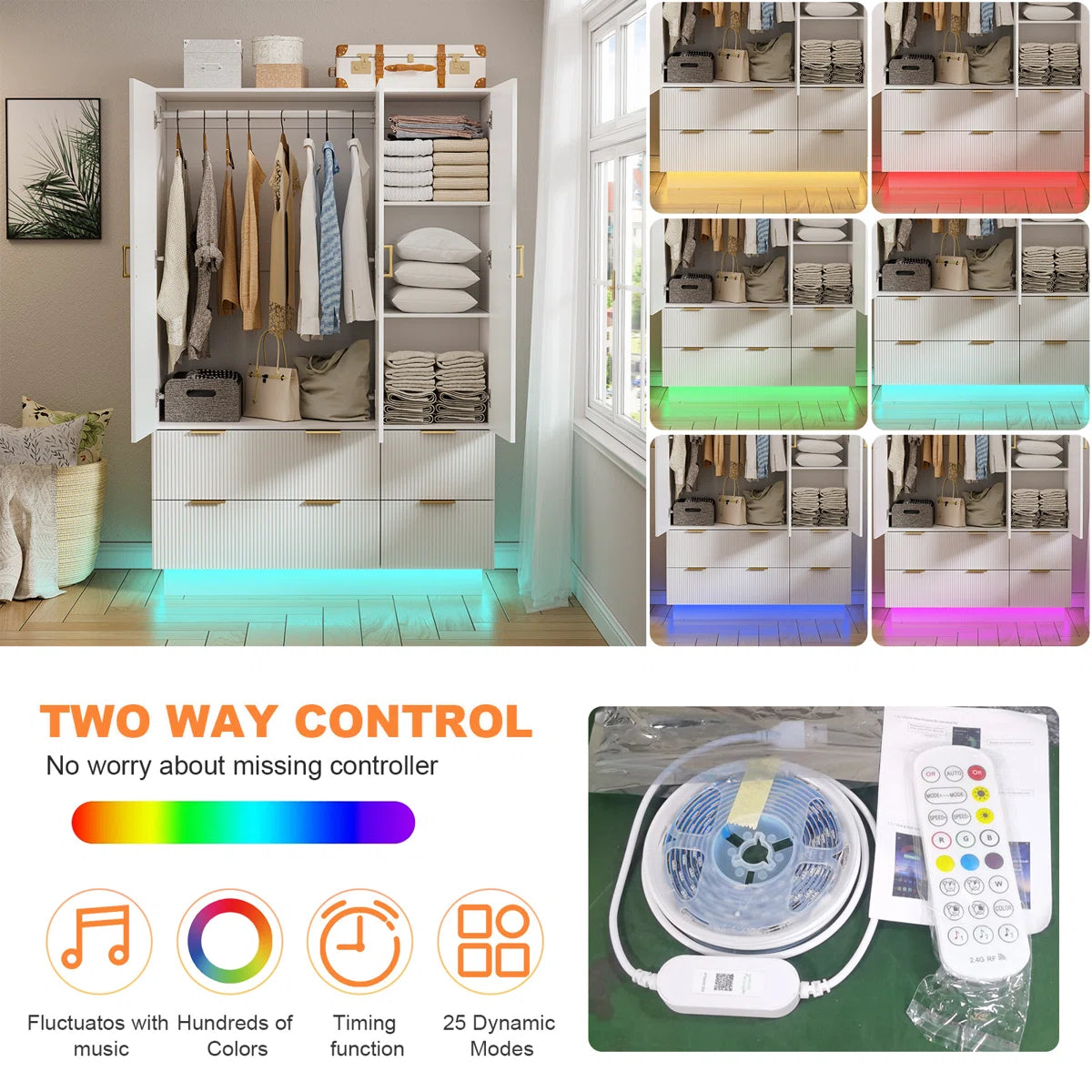 Armoire Wardrobe Closet With 3 Door, Mirror And Led Lights