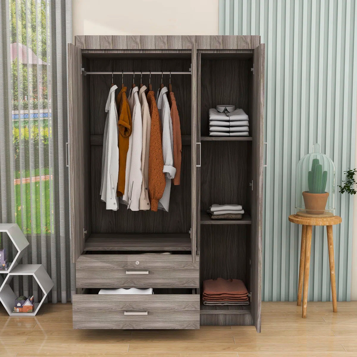 Carene Wood 2 Drawers 3-Doors Wardrobe with Shelves
