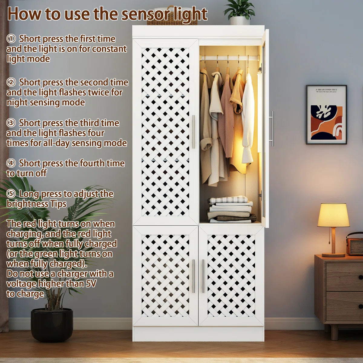 75.6''H Armoire Wardrobe Closet With Sensor Light,  Mirror, 3 Woven Doors, And Hanging Rod