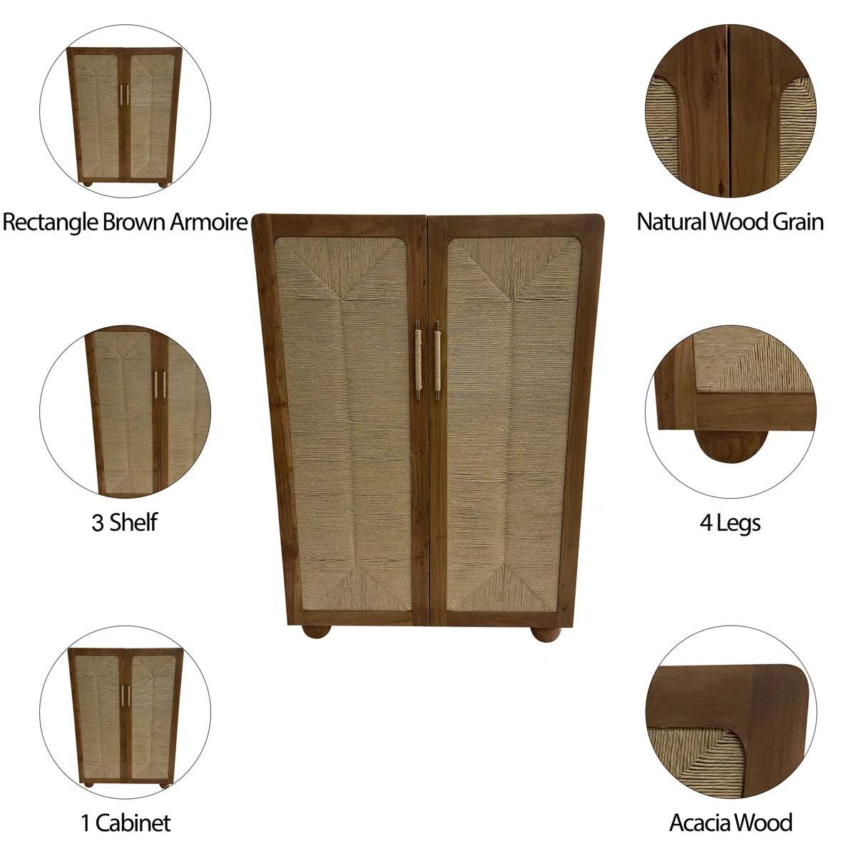 Neutral Modern 60" Acacia Wood Armoire, Brown, Rectangle - 40" x 18" x 60"