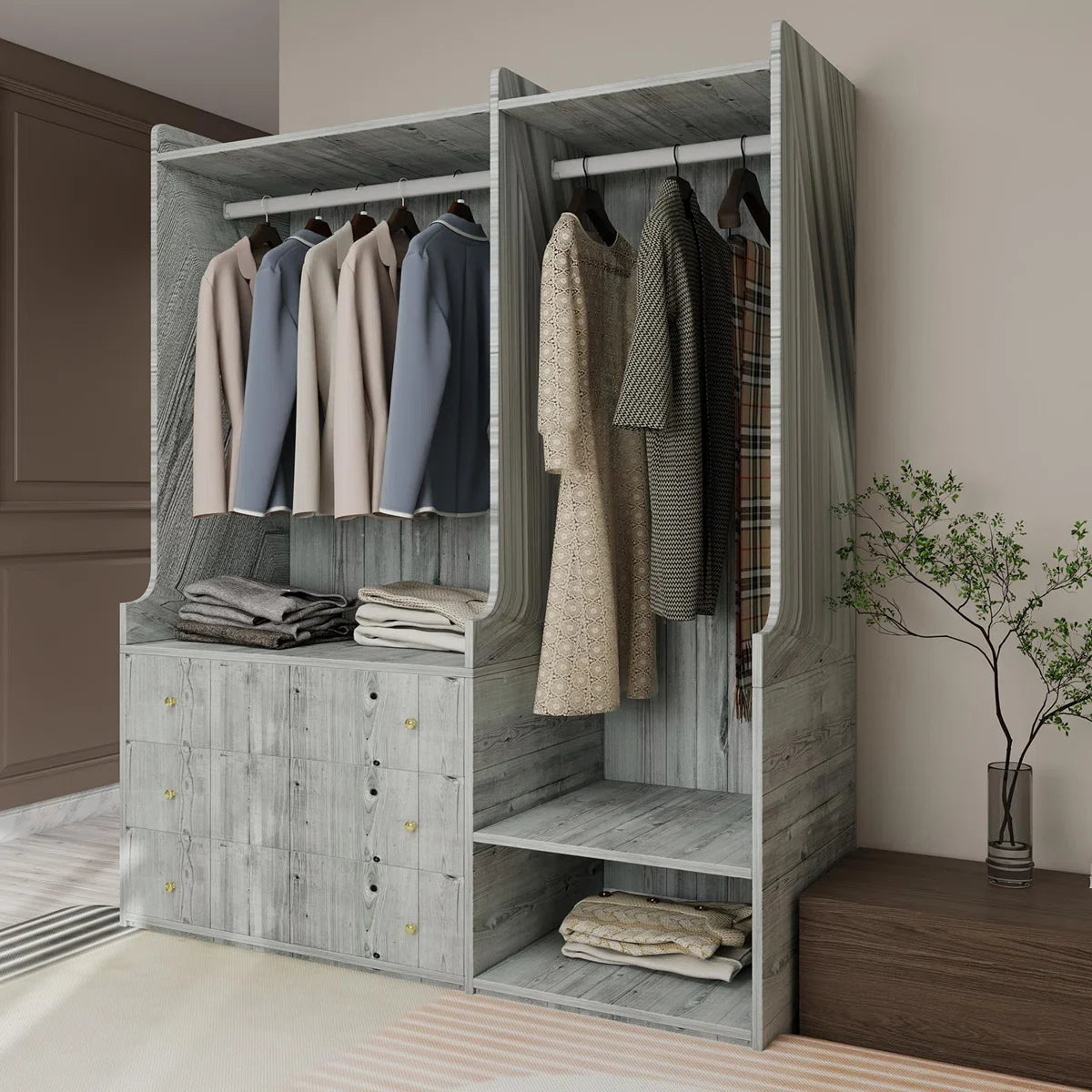 Open Wooden Wardrobe In Bedroom