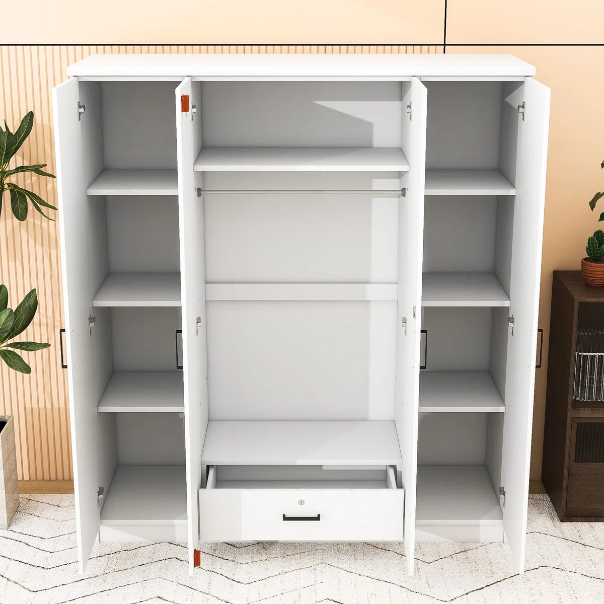 Contemporary Wooden Freestanding Wardrobe with Built-in Mirrors and Lockable Drawer
