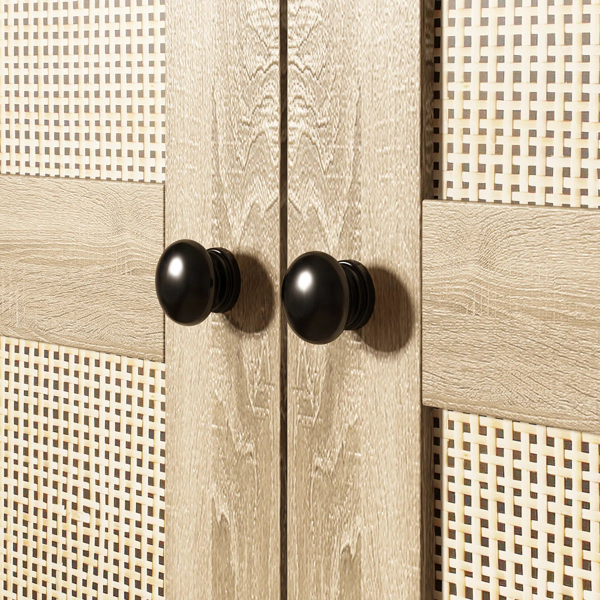 Modern 3-Door Wardrobe With Rattan Panels, Spacious Drawers, And Adjustable Shelving For Bedroom Organization