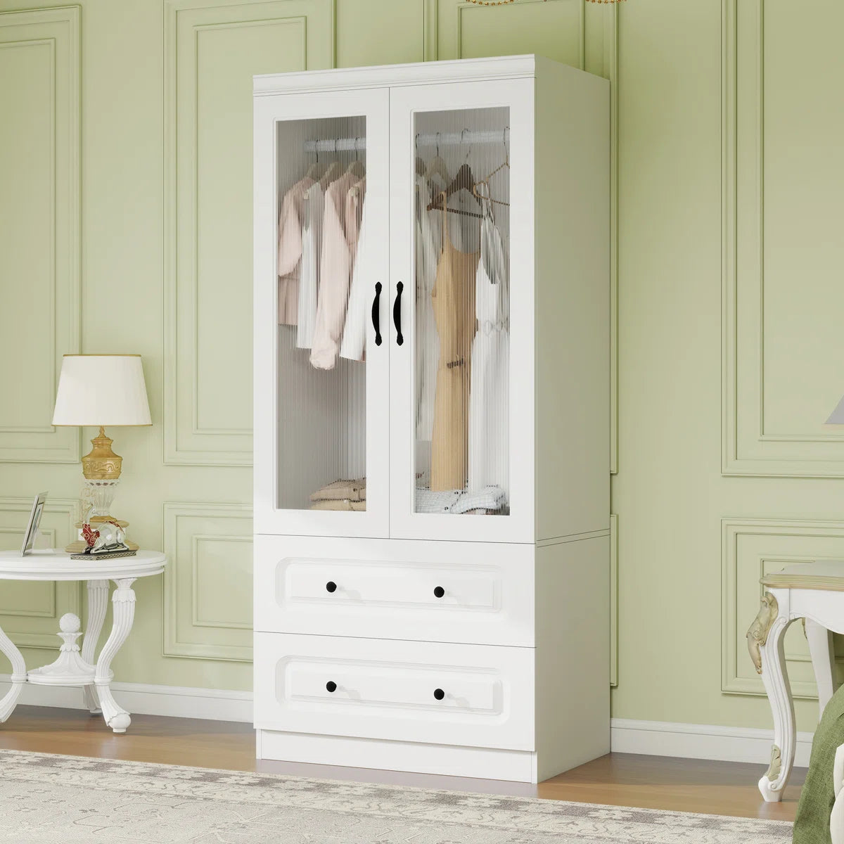 White Armoire Wardrobe Closet With 8 Doors, Black Handles, Deep Drawers, And Glass Doors – Large Wardrobe Closet For Bedroom, Closet Organizers and Storage, Wardrobe Closet With Drawers, White Closet