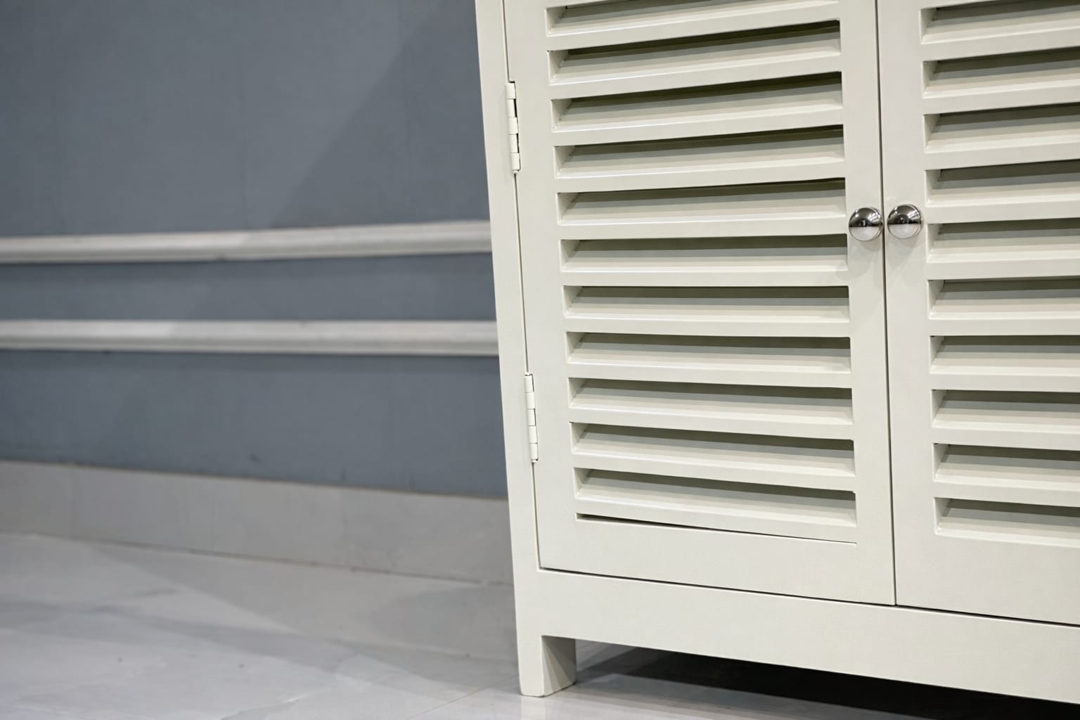 Modern White Wooden Storage Cabinet with Louvered Doors | Compact Console & Utility Unit
