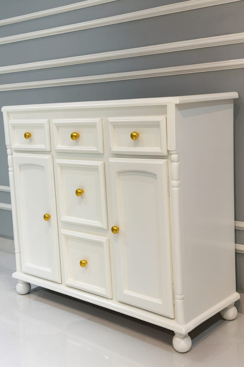 Elegant White Wooden Storage Cabinet with Drawers & Doors | Modern Console Sideboard