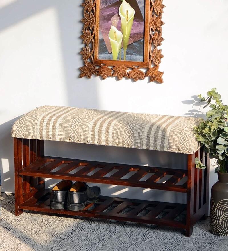 Tisy Mango Wood Storage Bench In Cotton Grey Colour - Ouch Cart 