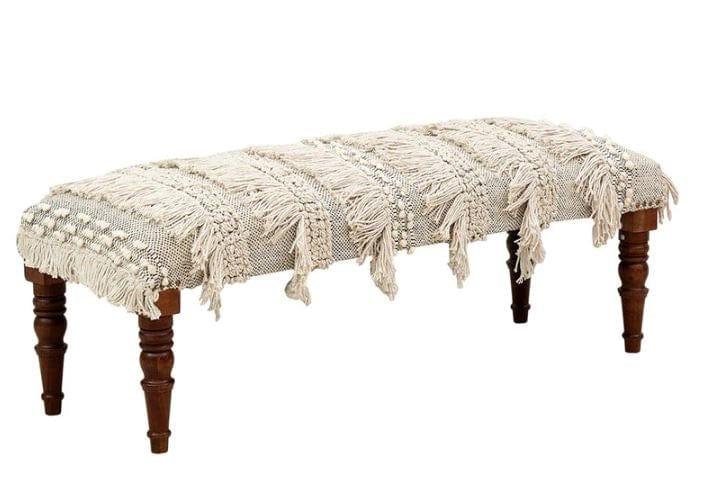 morrila Mango Wood Bench In Cotton White Colour - Ouch Cart 