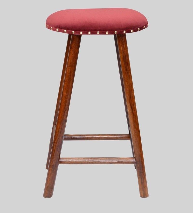 Bira Mango Wood Bar Stool In Velvet Red Colour - Ouch Cart 