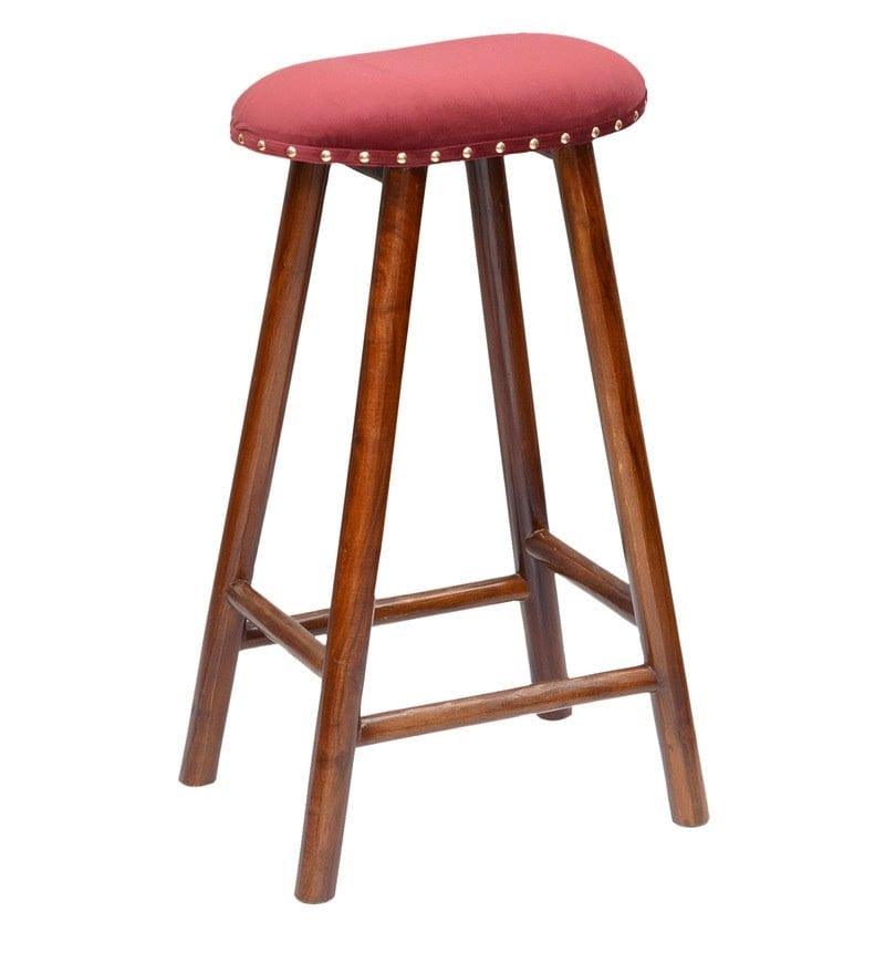 Bira Mango Wood Bar Stool In Velvet Red Colour - Ouch Cart 