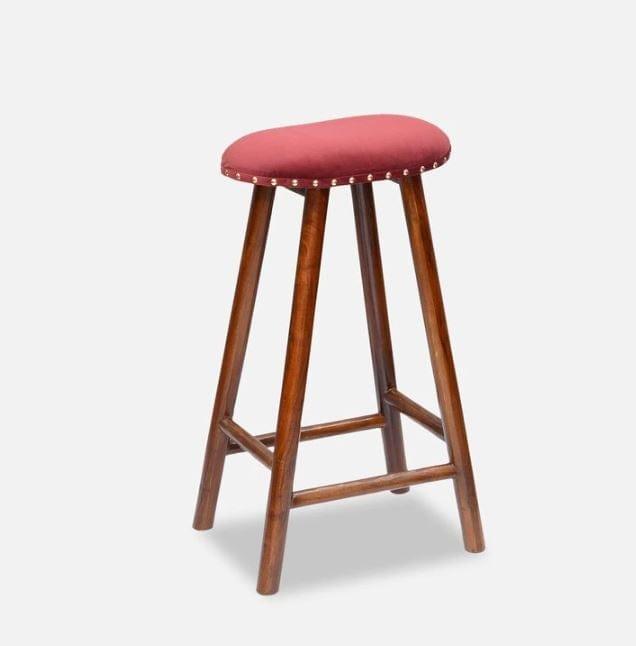 Bira Mango Wood Bar Stool In Velvet Red Colour - Ouch Cart 