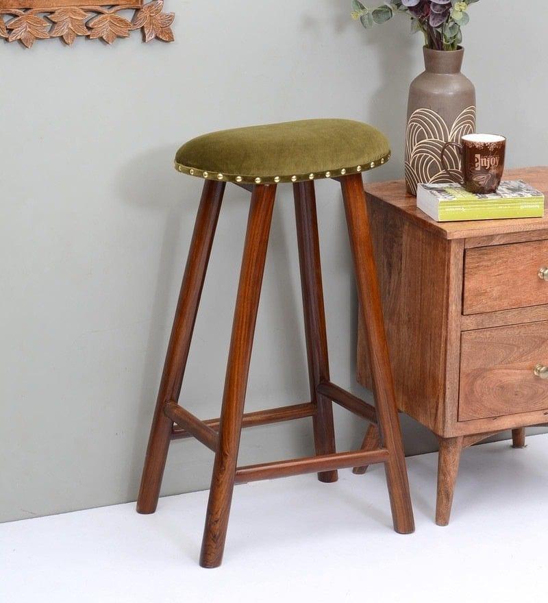 Suzi Mango Wood Bar Stool In Velvet Green Colour - Ouch Cart 