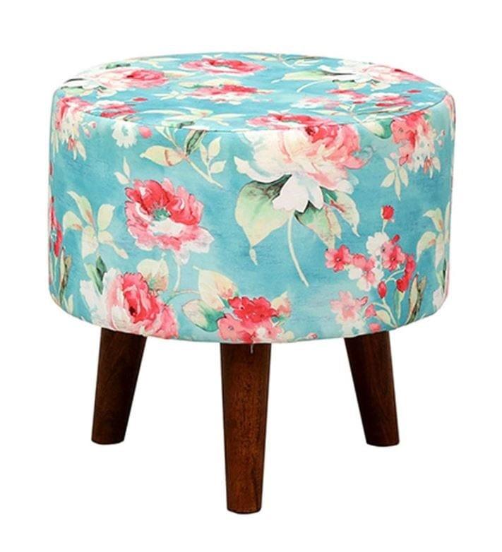 Harrington Mango Wood Foot Stool In Cotton Blue Colour - Ouch Cart 