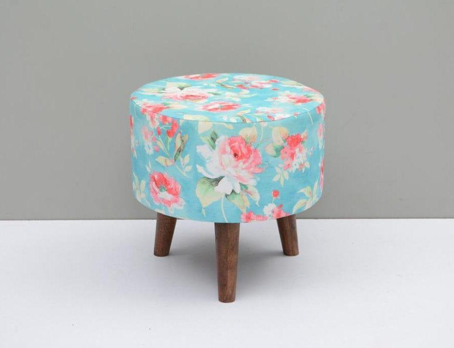 Harrington Mango Wood Foot Stool In Cotton Blue Colour - Ouch Cart 