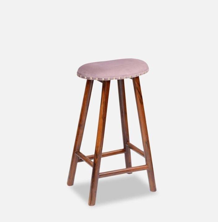 Bayern Mango Wood Bar Stool In Velvet Pink Colour - Ouch Cart 