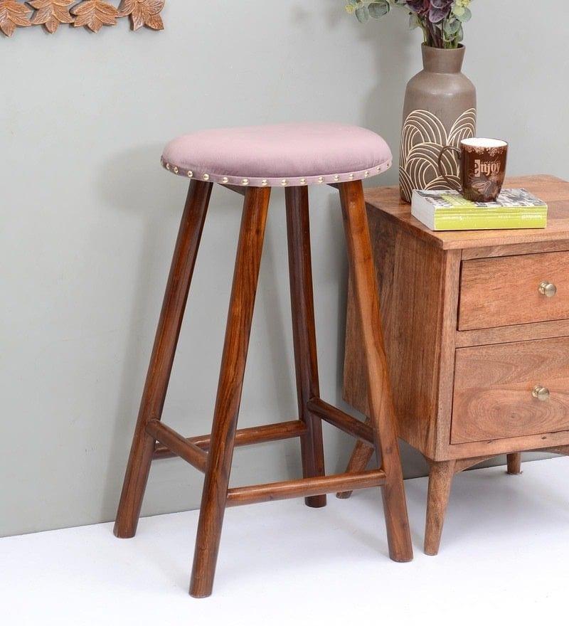 Bayern Mango Wood Bar Stool In Velvet Pink Colour - Ouch Cart 