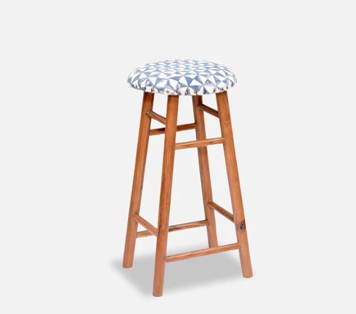 Enrico Mango Wood Bar Stool In Velvet Blue Colour - Ouch Cart 