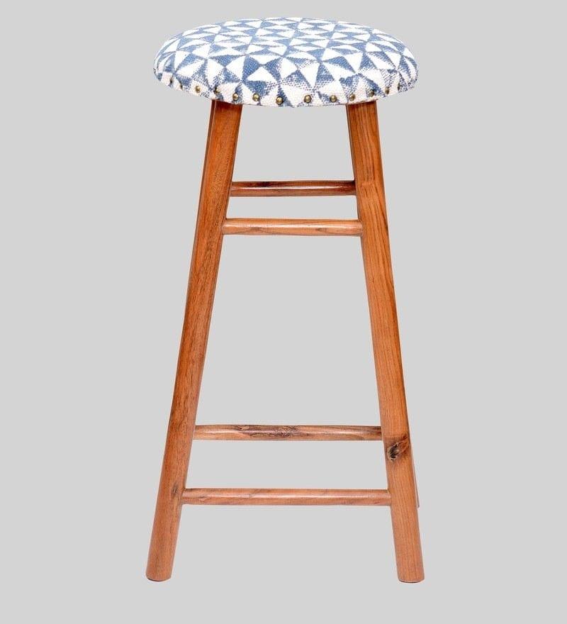 Enrico Mango Wood Bar Stool In Velvet Blue Colour - Ouch Cart 