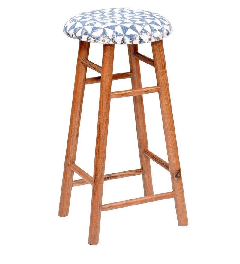 Enrico Mango Wood Bar Stool In Velvet Blue Colour - Ouch Cart 