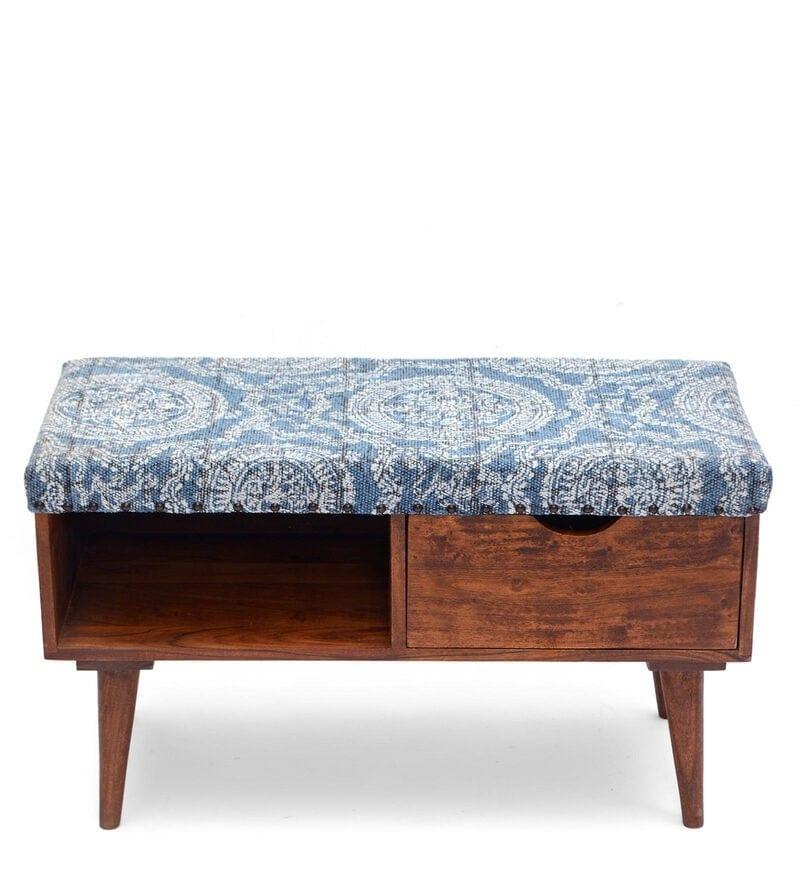 Sasha Mango Wood Storage Bench In Cotton Blue Colour - Ouch Cart 