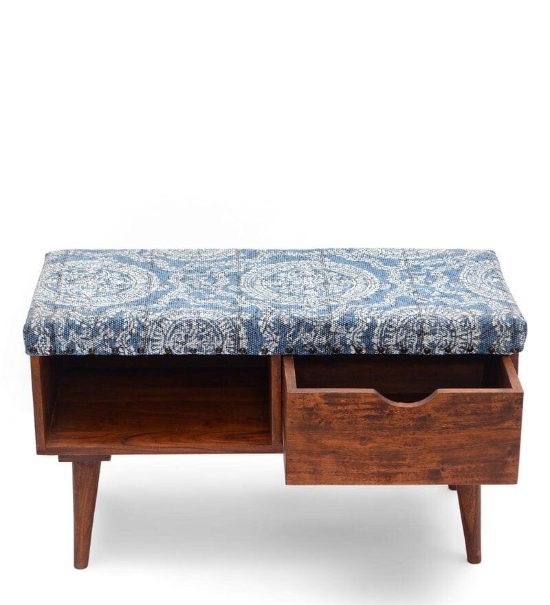 Sasha Mango Wood Storage Bench In Cotton Blue Colour - Ouch Cart 