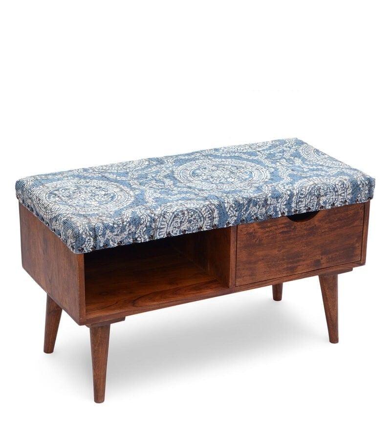 Sasha Mango Wood Storage Bench In Cotton Blue Colour - Ouch Cart 