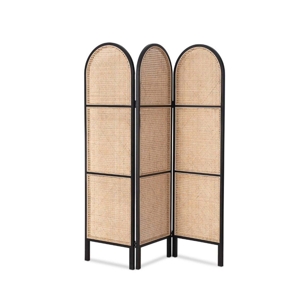 Ouch Cart 3 Panel Rattan Room Divider | Arched Folding Privacy Screen with Black Frame