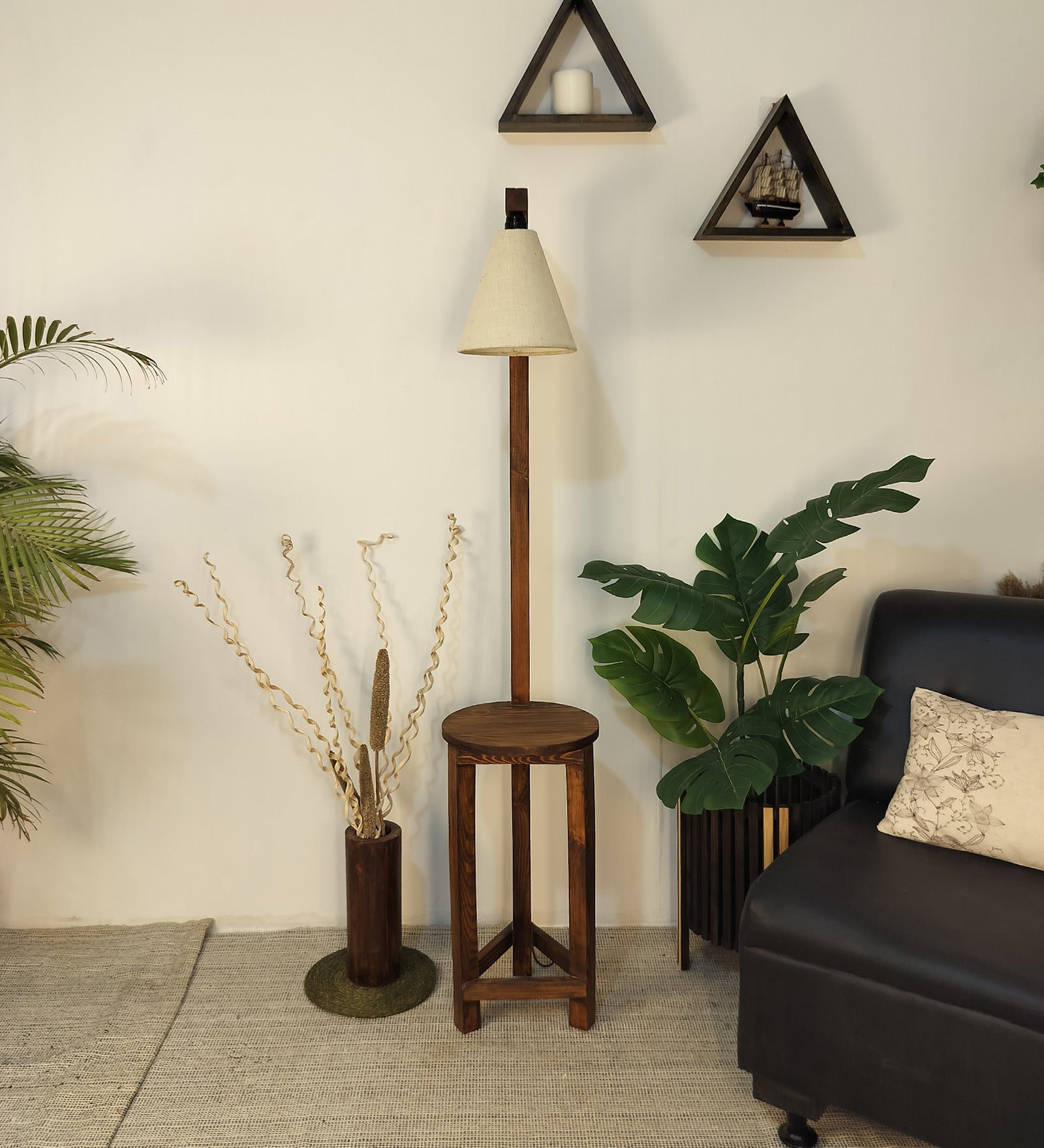 Accent Wooden Floor Lamp with Brown Base and Beige Fabric Lampshade (BULB NOT INCLUDED)