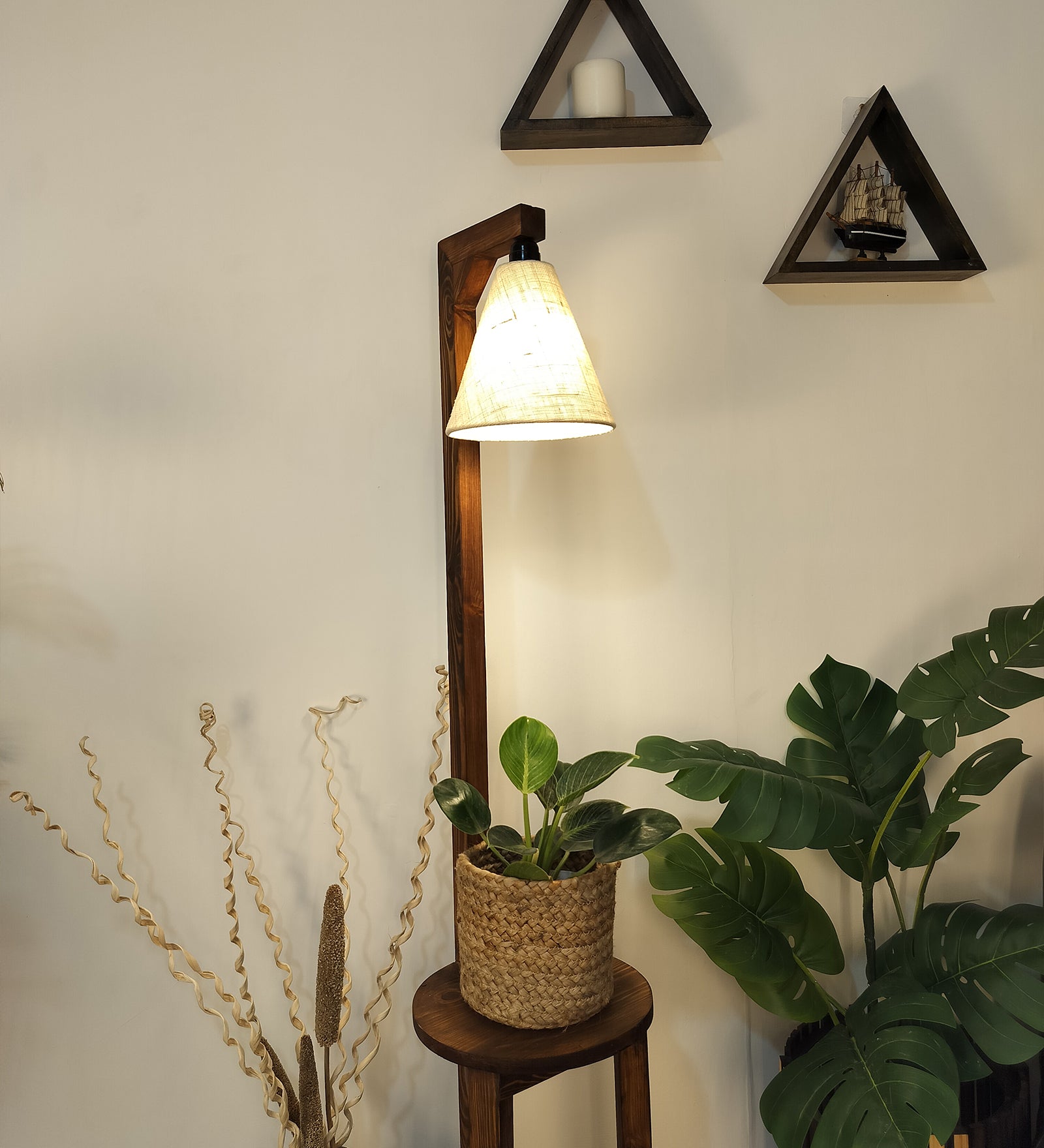 Accent Wooden Floor Lamp with Brown Base and Beige Fabric Lampshade (BULB NOT INCLUDED)