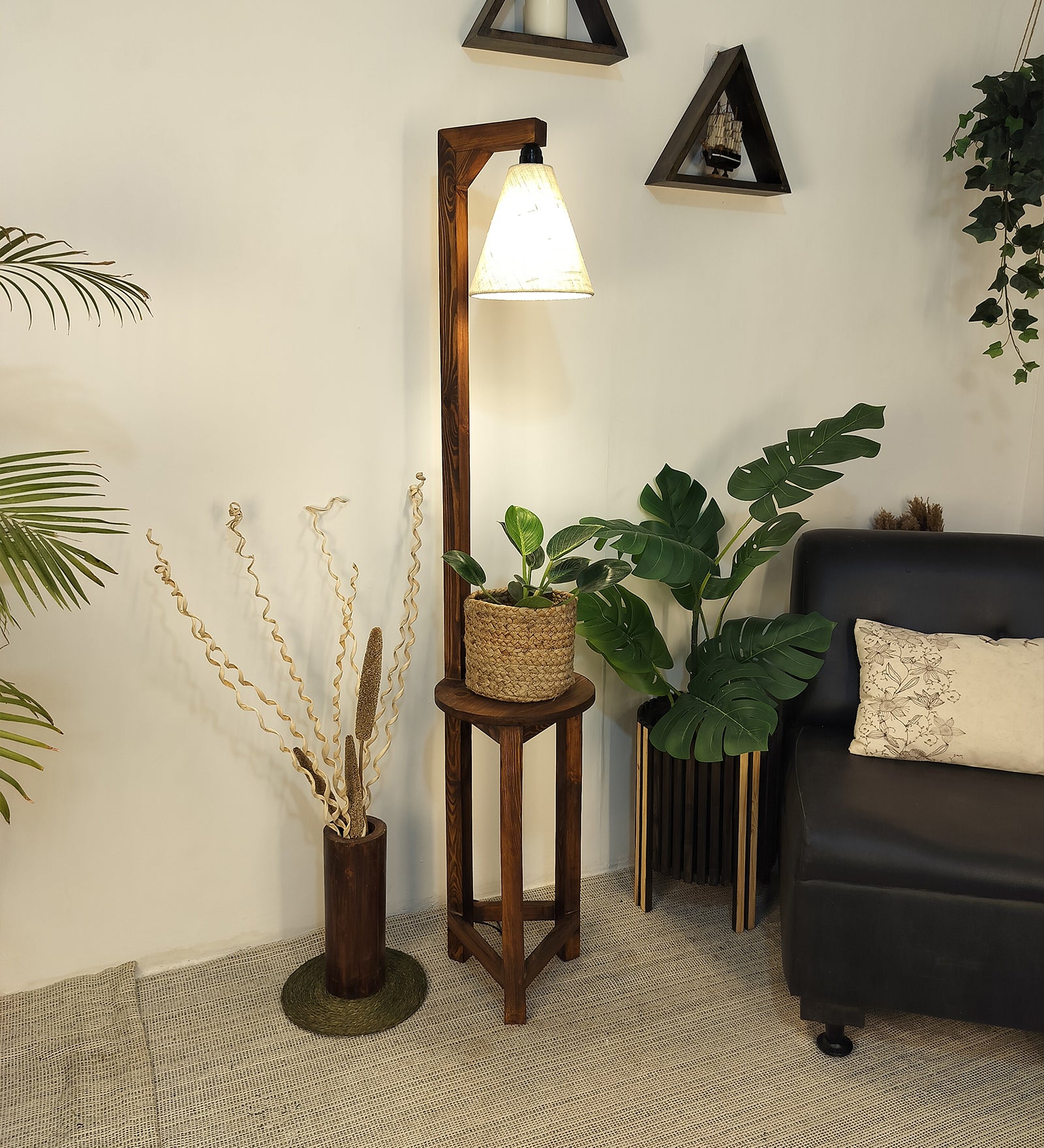 Accent Wooden Floor Lamp with Brown Base and Beige Fabric Lampshade (BULB NOT INCLUDED)