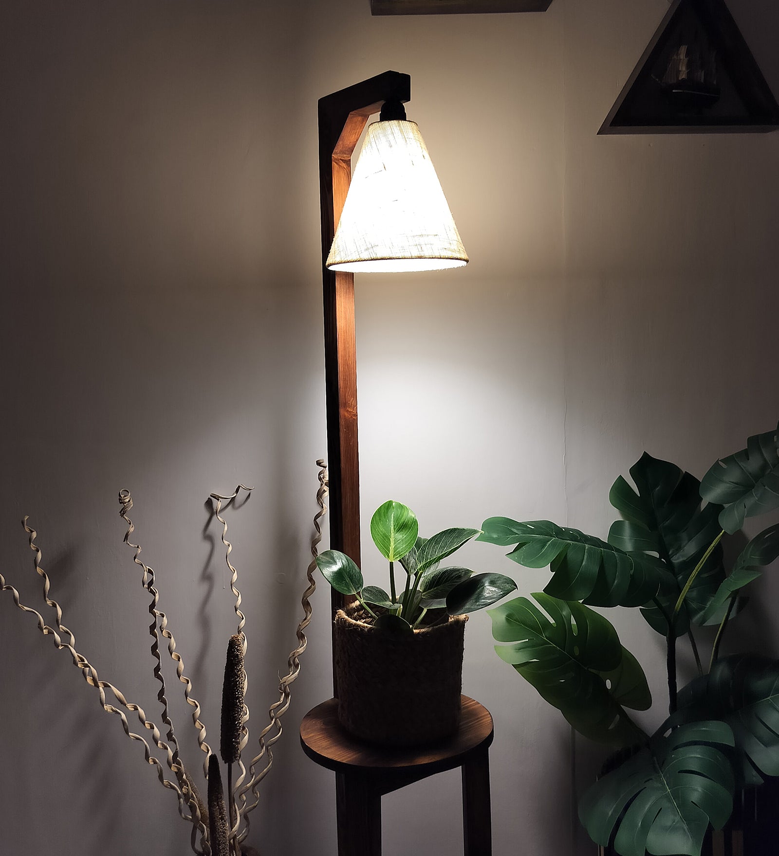 Accent Wooden Floor Lamp with Brown Base and Beige Fabric Lampshade (BULB NOT INCLUDED)