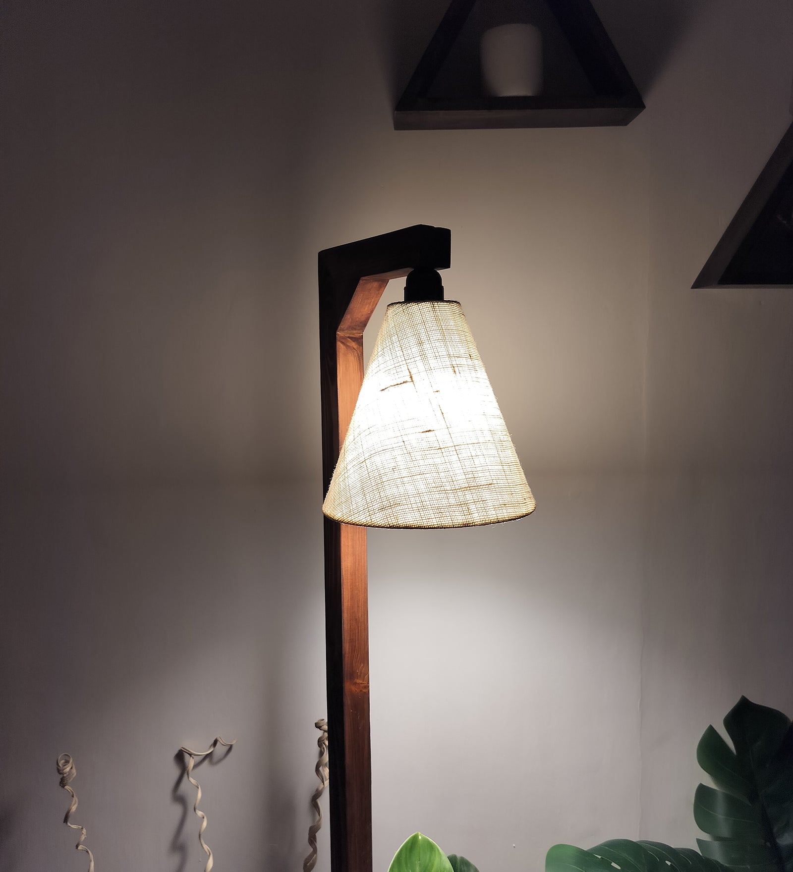 Accent Wooden Floor Lamp with Brown Base and Beige Fabric Lampshade (BULB NOT INCLUDED)