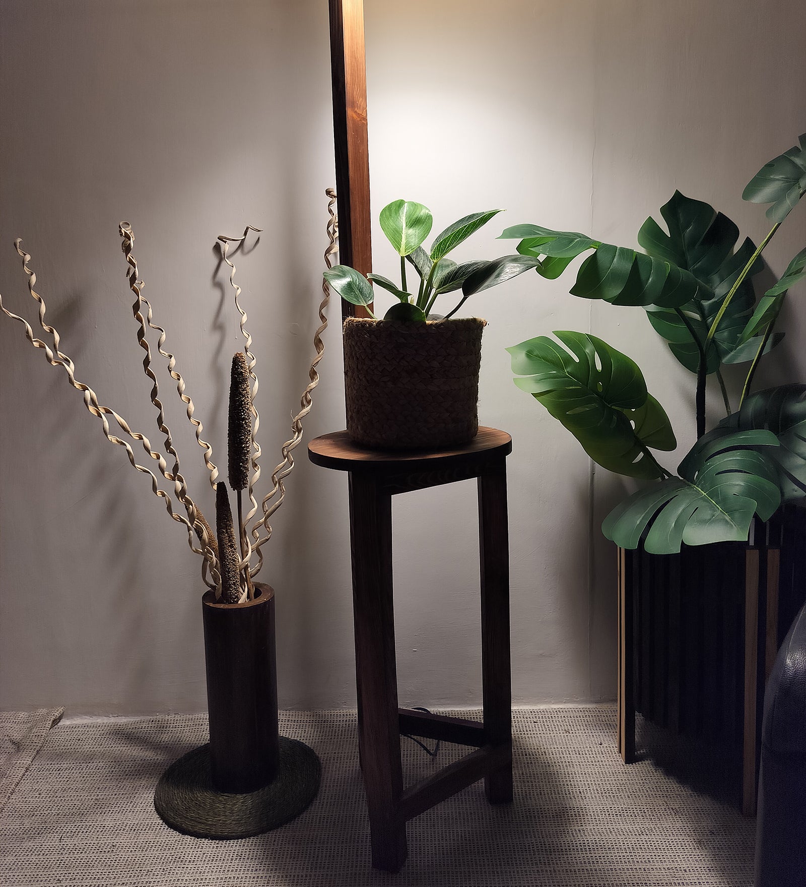 Accent Wooden Floor Lamp with Brown Base and Beige Fabric Lampshade (BULB NOT INCLUDED)