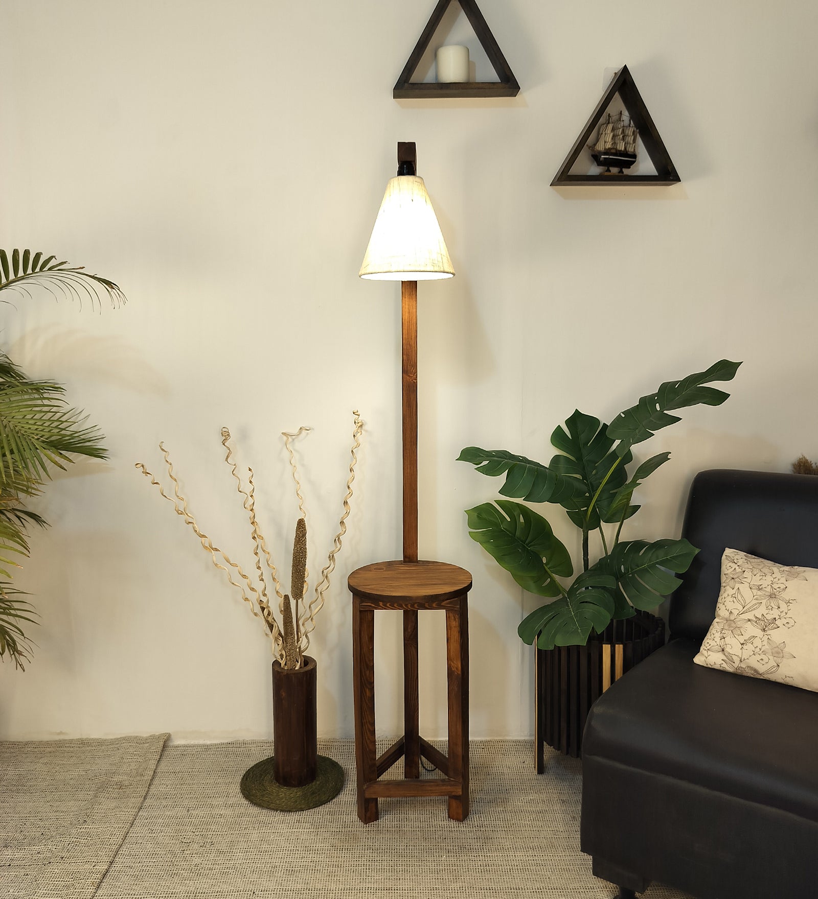 Accent Wooden Floor Lamp with Brown Base and Beige Fabric Lampshade (BULB NOT INCLUDED)