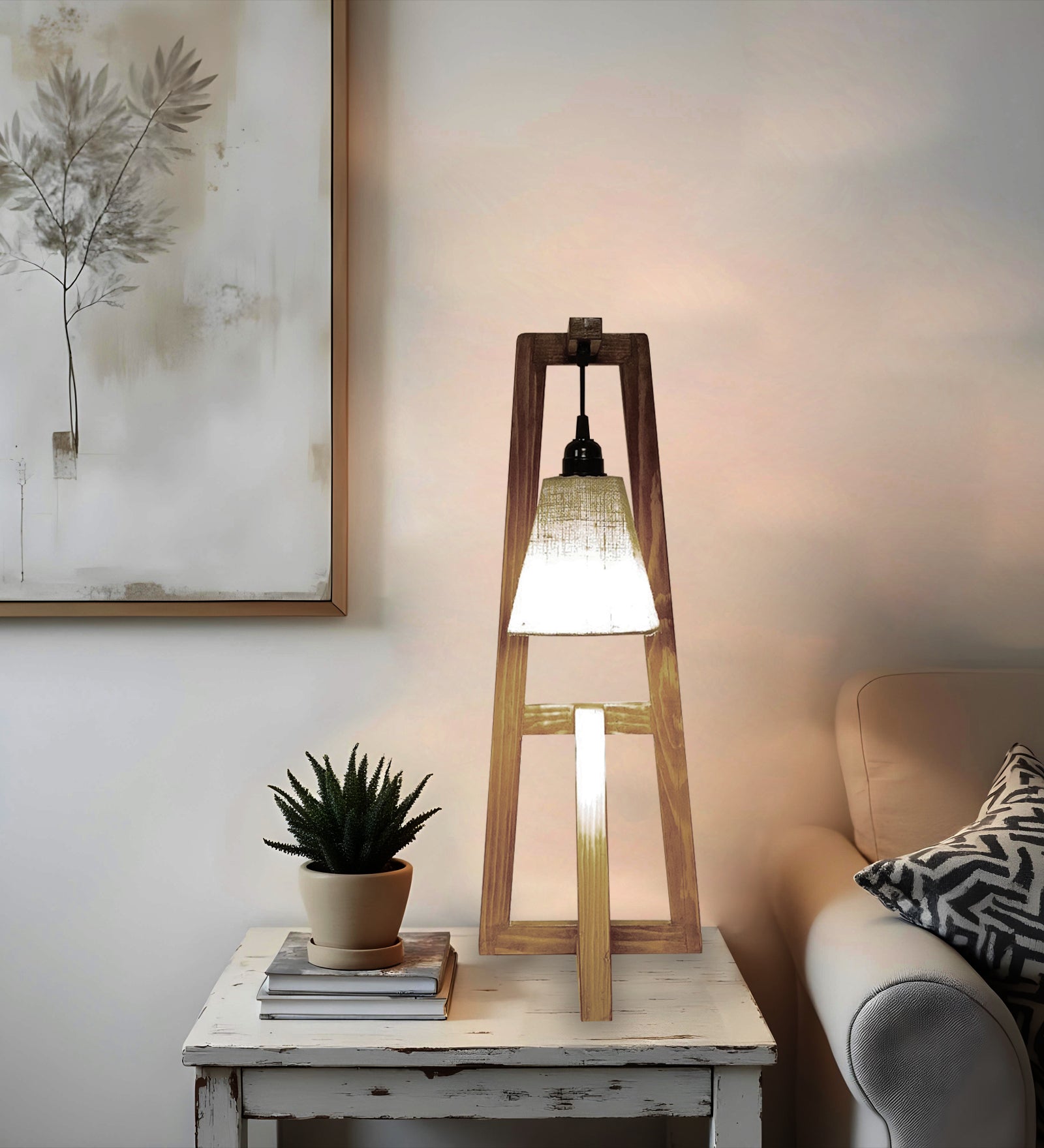 Achille Brown Wooden Table Lamp with White Jute Lampshade (BULB NOT INCLUDED)