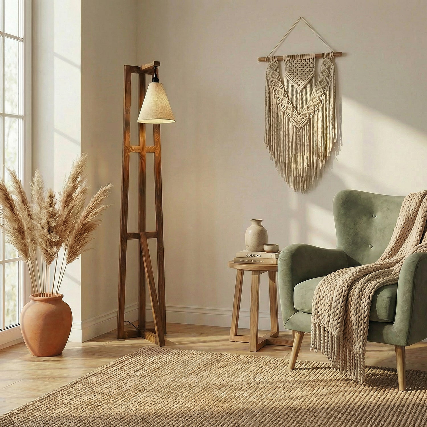 Achille Wooden Floor Lamp with Brown Base and Jute Fabric Lampshade (BULB NOT INCLUDED)