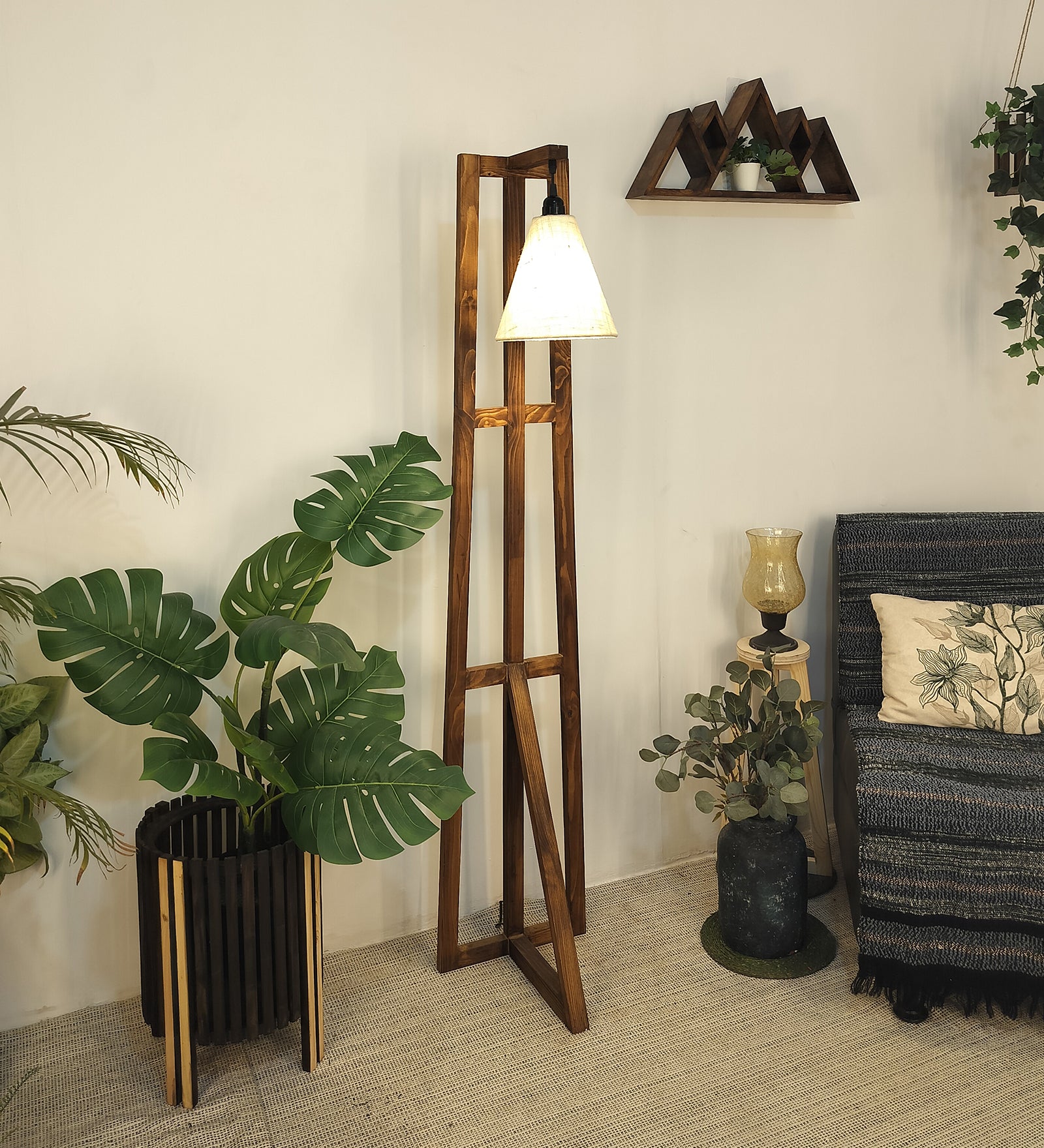 Achille Wooden Floor Lamp with Brown Base and Jute Fabric Lampshade (BULB NOT INCLUDED)